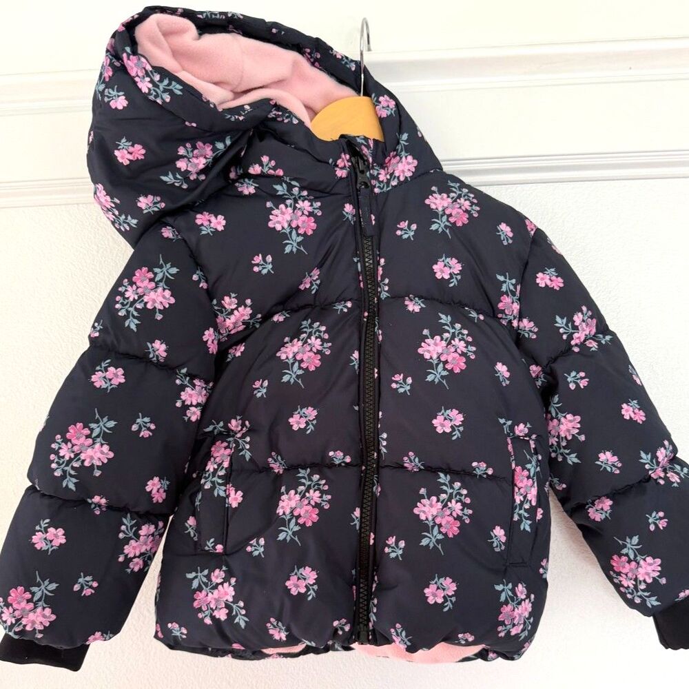 Children's Place Girls Puffer Winter Coat 2T Black Pink Floral Hooded Jacket